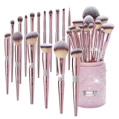 Bueart Design 16Pcs Professional Makeup Brushes Set with Elegant Holder – Rose Gold, Synthetic Fiber