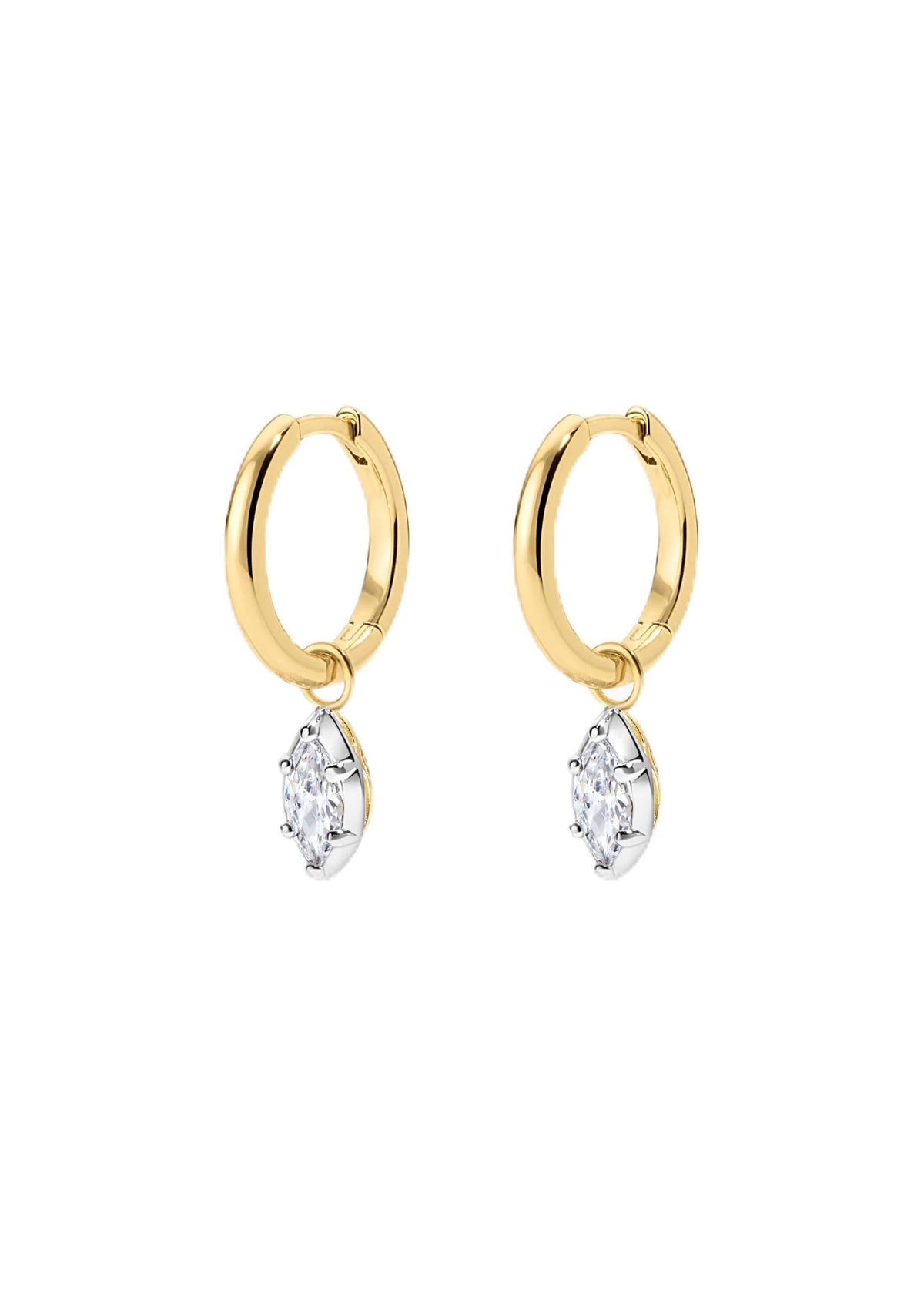 Electric Picks Windsor Hoops, Gold Huggie Earrings with Marquise Crystal – Clear, Metal
