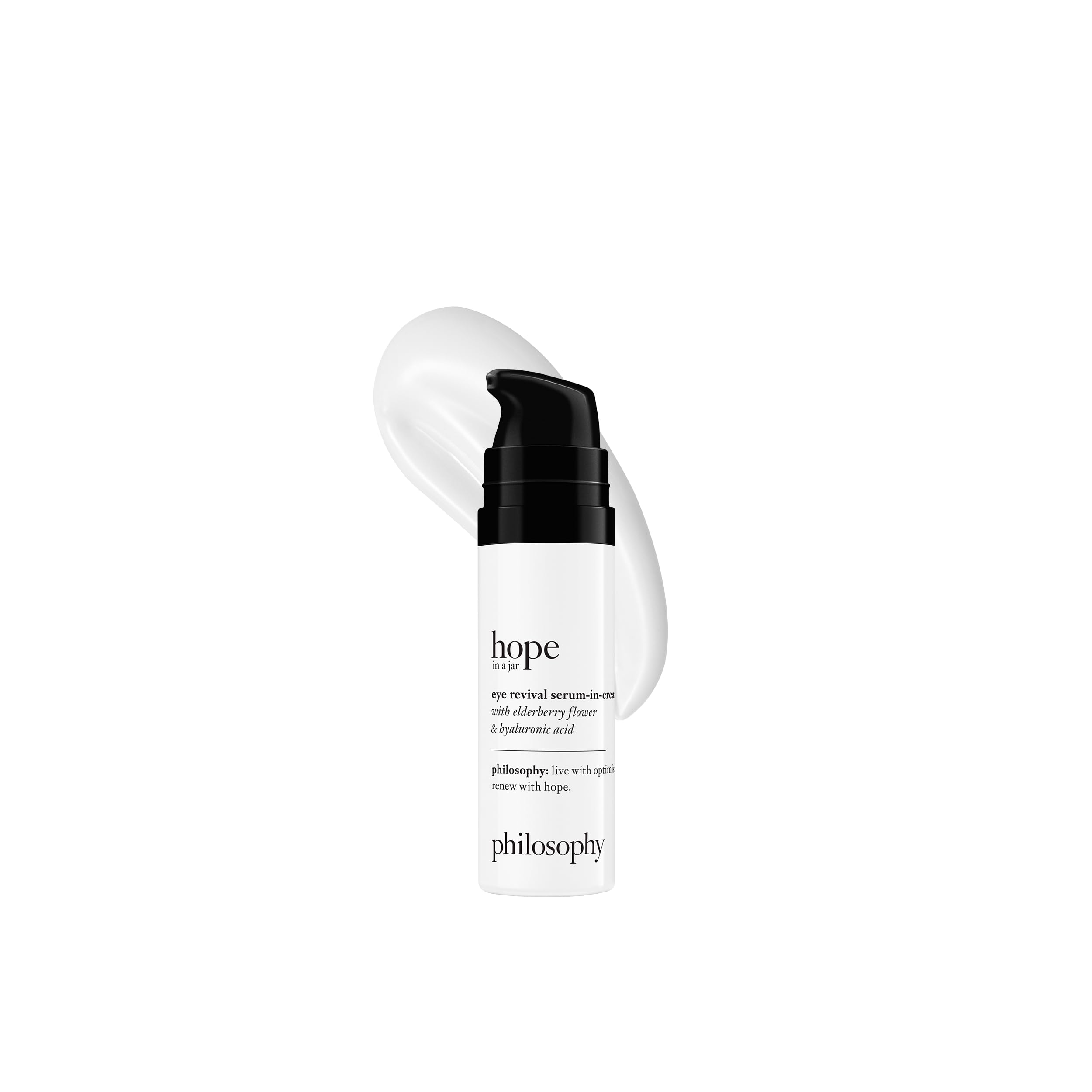 Philosophy Hope in a Jar Eye Revival Serum with hyaluronic acid, elderberry, and tangerine peel for hydration and puffiness reduction.