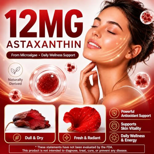 Astaxanthin 12mg Supplement 120 Softgels, Premium Natural - Product Imagery