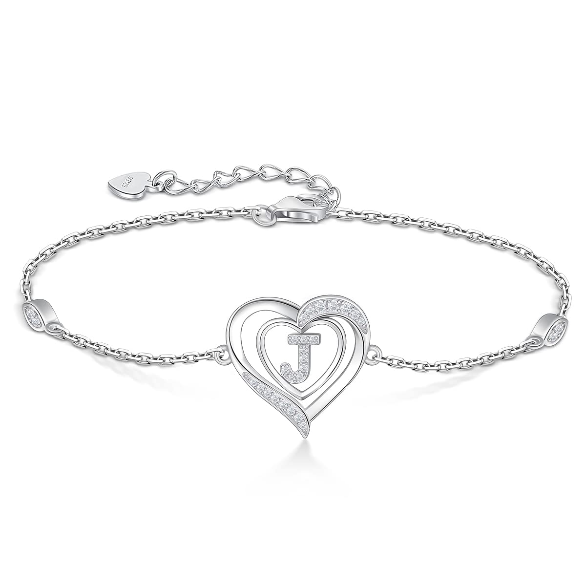 RIVIKO Heart Initial Bracelets for Women,925 Sterling Silver Letter Bracelets, Personalized Charm Alphabet Jewelry Valen