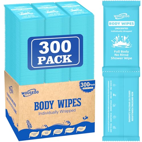 WOUSEDO 300 Pack Ultra Thick Body Wipes Individually Wrapped, Size 7.87" x 9.45" – Alcohol Free, Allergen Free, 