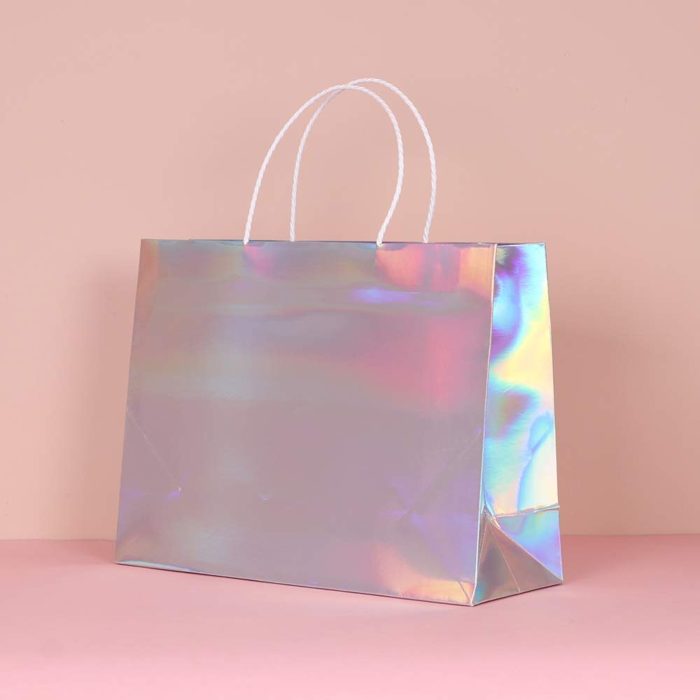 PAPERIST 5pcs 15.7x5.5x11.8 (3) Large, Holographic Silver Coating Gift Bags with Premium White Handles, Glossy Laminated