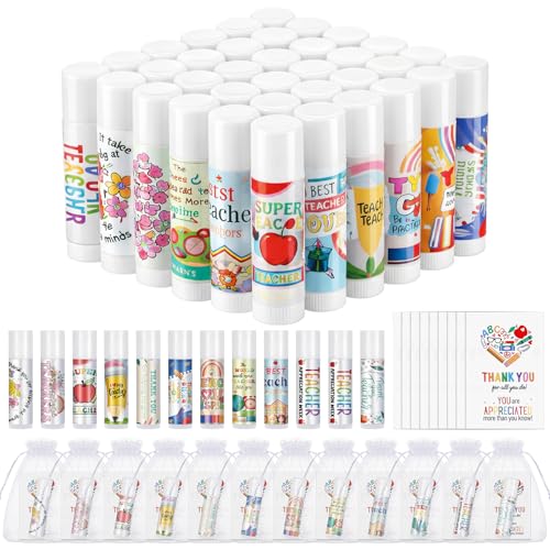 Heigble 36 Set/108 Pcs Teacher Appreciation Gift Bulk Lip Balm Thank You Card Organza Bag Teachers Appreciation Week Gif