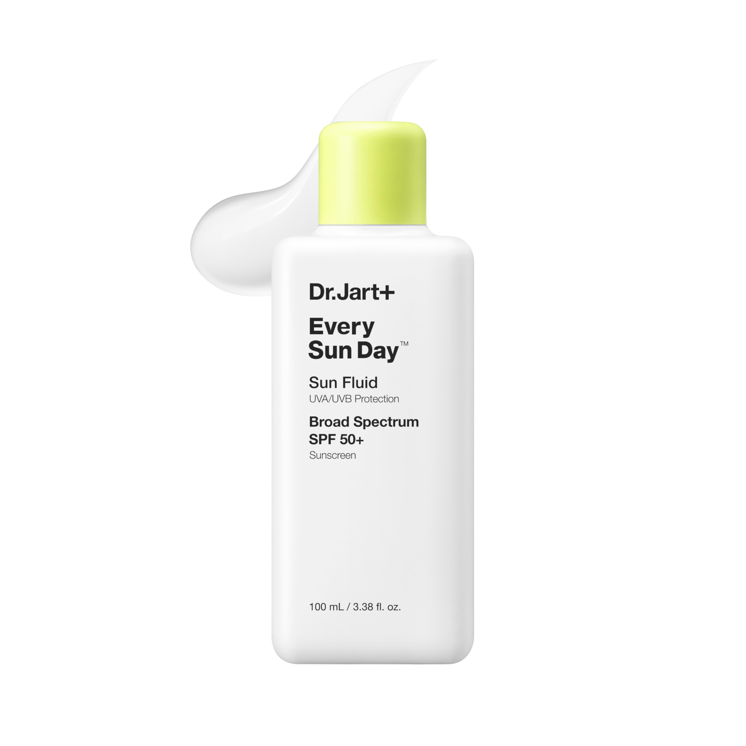 Dr.Jart+ Every Sun Day Sun Fluid Korean sunscreen SPF 50+ for face, with a lightweight, hydrating formula in 3.38 fl oz bottle.