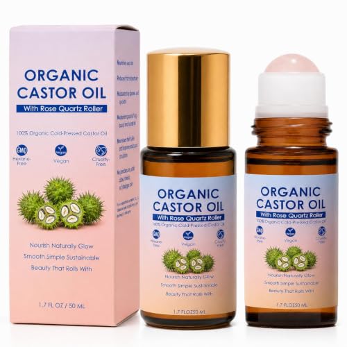 SDXJIOGE Organic Castor Oil Rose Quartz Roller Ball – 100% Cold Pressed Hexane Free Castor Oil Roll On for Facial Skin C