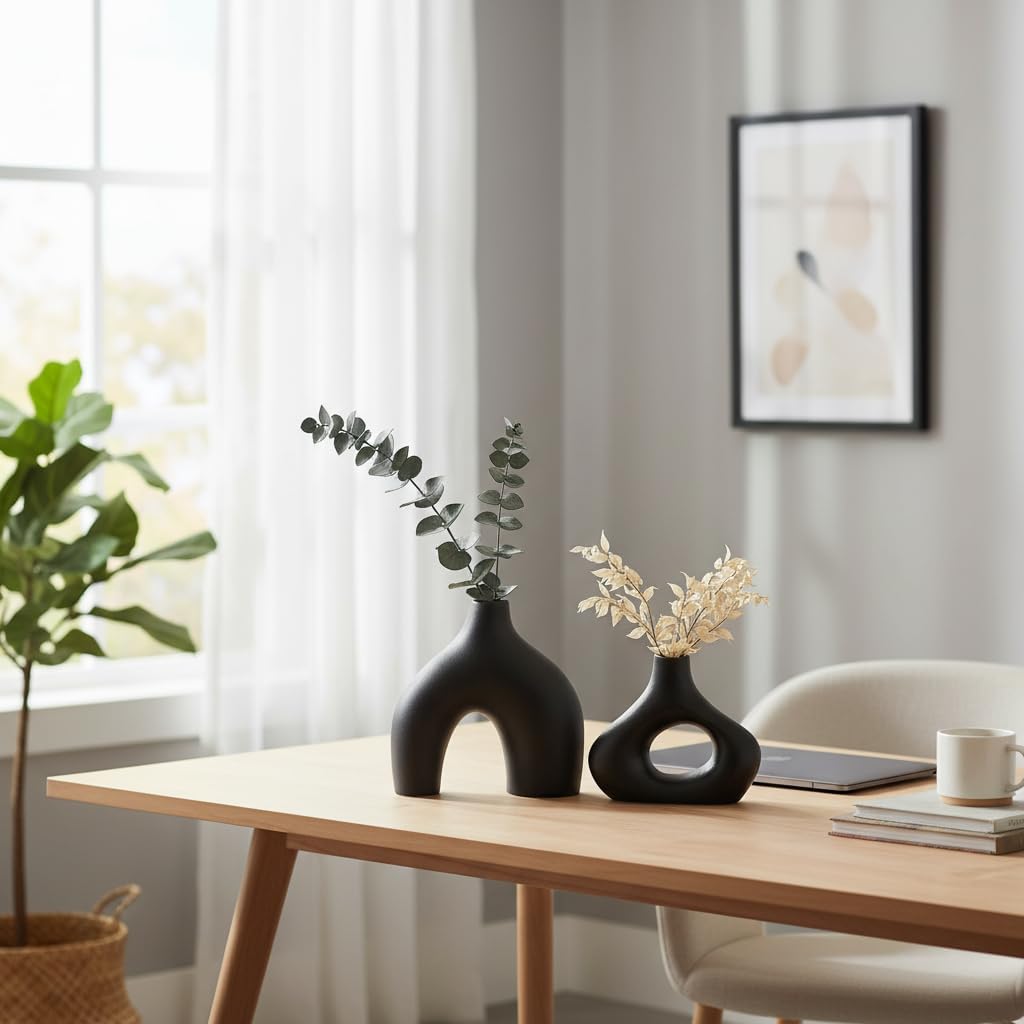 Carrot's Den Black Ceramic Modern Vase Set of 2, Donut Shelf Decor, Black – product photo (Vases)