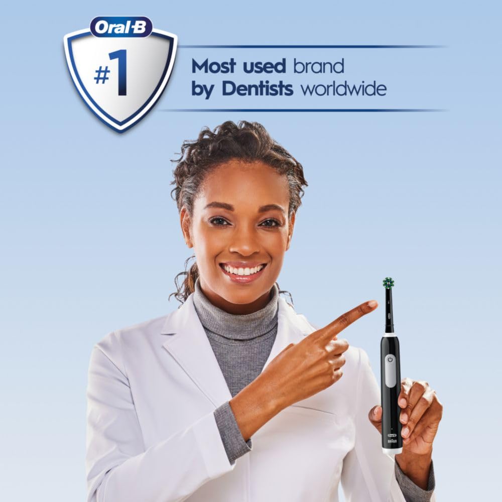 Black Oral-B Pro 1000 rechargeable electric toothbrush with ergonomic handle and rotating brush head, designed for effective cleaning.