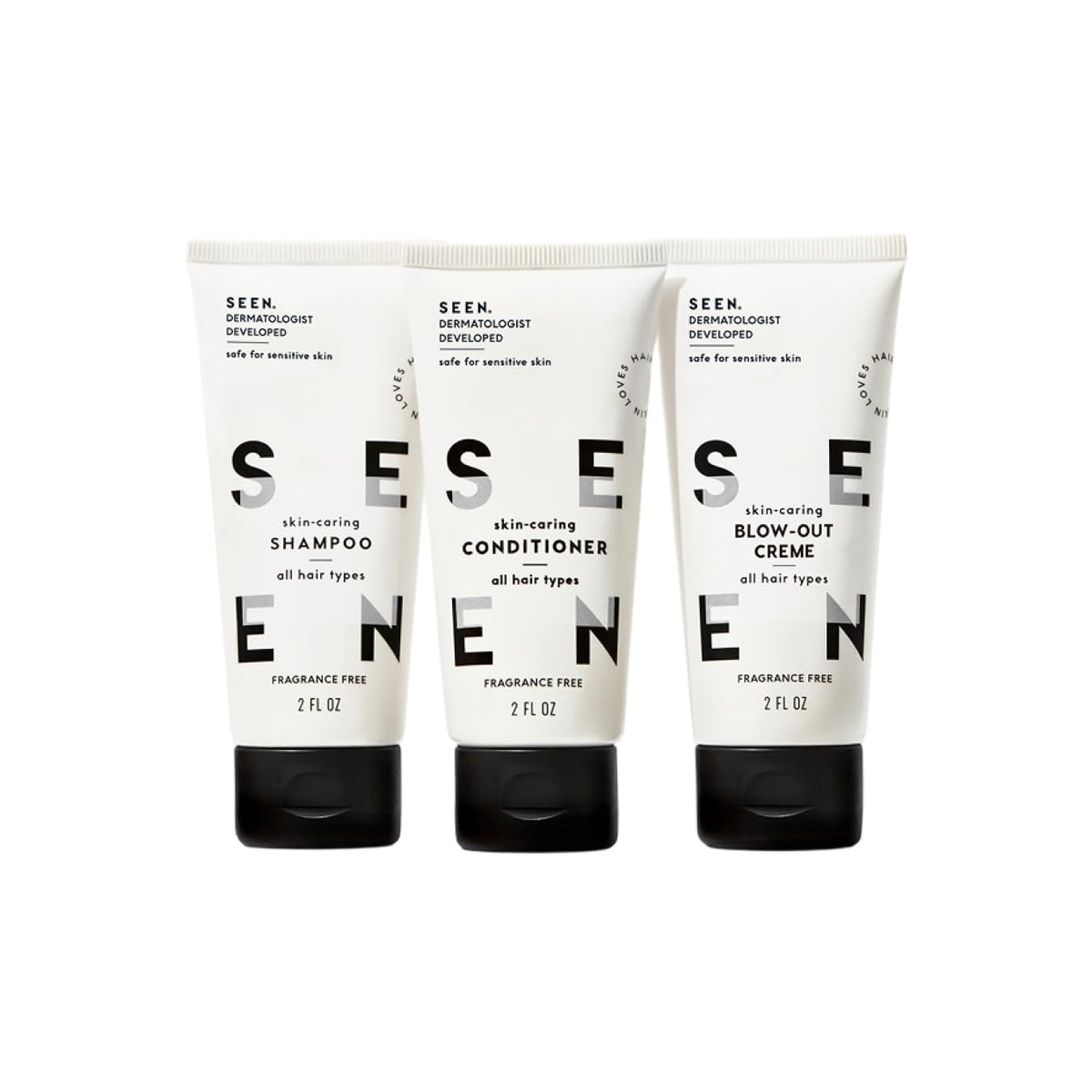 SEEN Travel Trio, Fragrance Free - Non-Comedogenic Blow-Out Hair Cream, Shampoo & Conditioner Set - Dermatologist-Develo