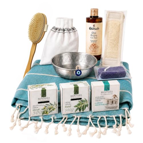 ECENIQUE Luxury Ottoman Hammam Ritual Set Turkish Spa Gift Basket Bath Body Care Hamam Wellness Collection – Natural, Ro