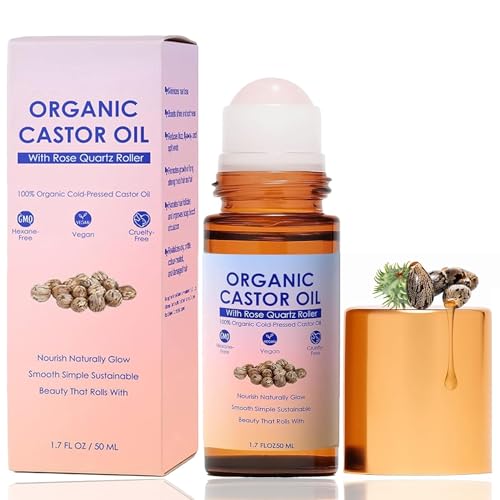 guluxly Organic Castor Oil Rose Quartz Roller Ball, Moisturizing Beauty Oil for Skin, Brows, Lashes, Cuticles, Hairline 