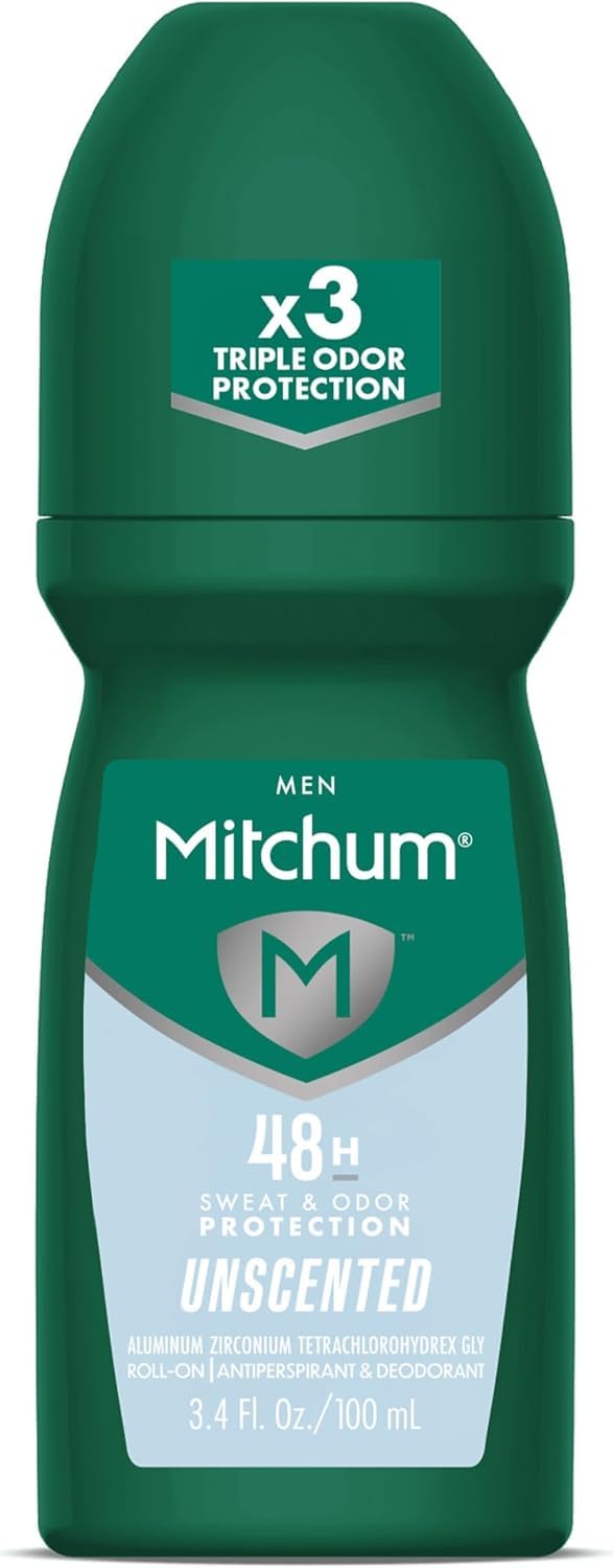 Mitchum Invisible Anti-Perspirant and Deodorant Roll-On in unscented, 3.4 oz bottle, pack of four, shown in the image.