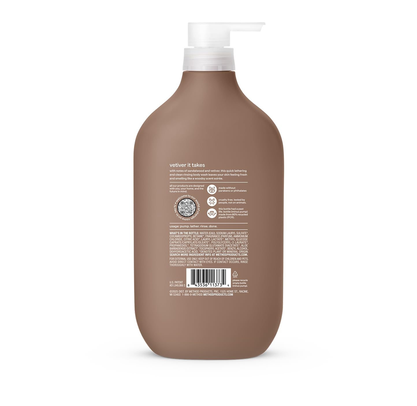 Method men's body wash in sandalwood and vetiver scent, 28 fl oz, featuring a clear bottle with a pump dispenser.