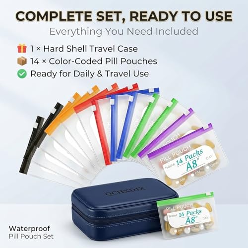 Waterproof Pill Pouch Set, 14 Color-Coded Reusable Zipper Pill - Product Imagery