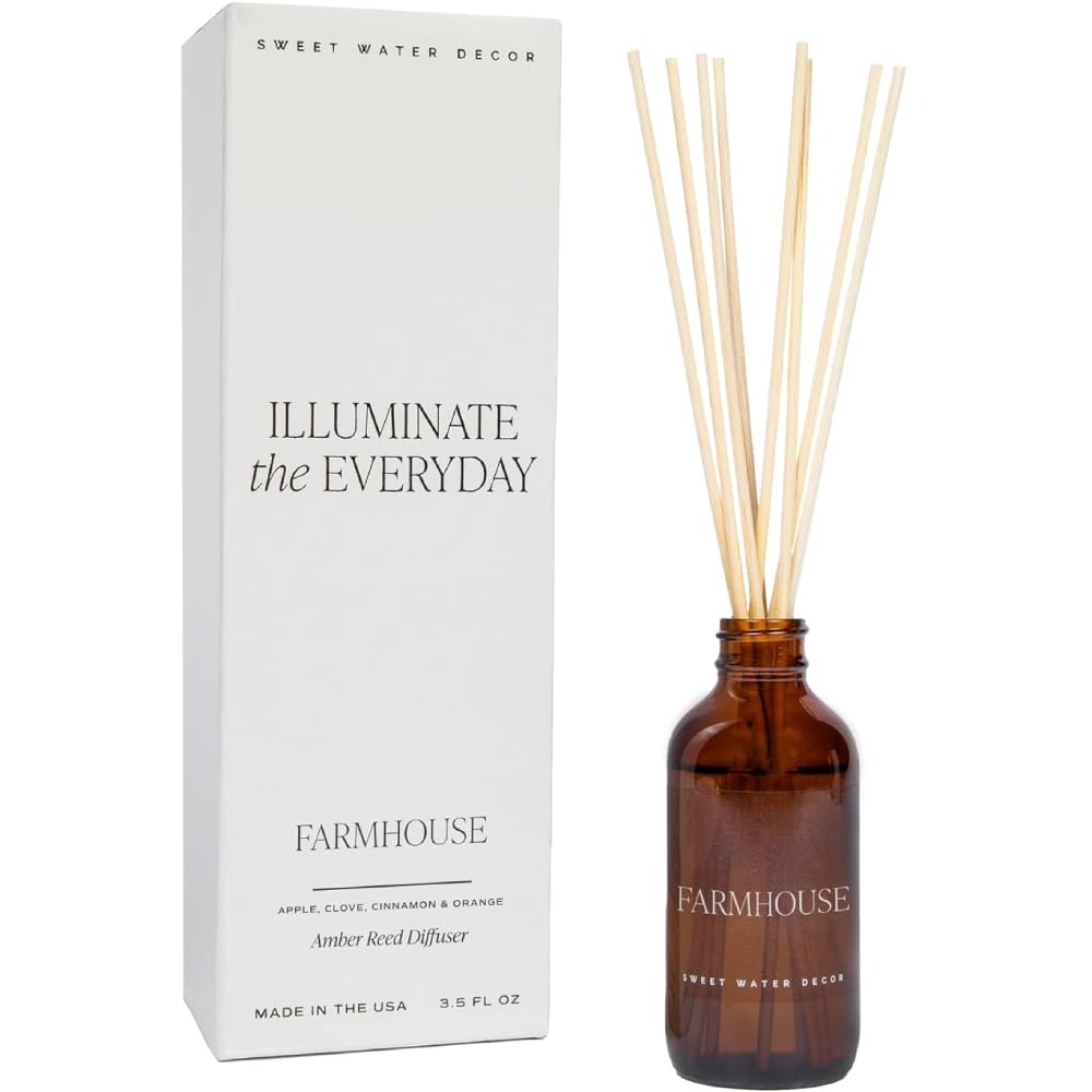 Sweet Water Decor Farmhouse Amber Reed Diffuser Set, Fall Scent, 3.5 fl oz – Apple | Orange | Pumpkin | Clove | Cinnamon