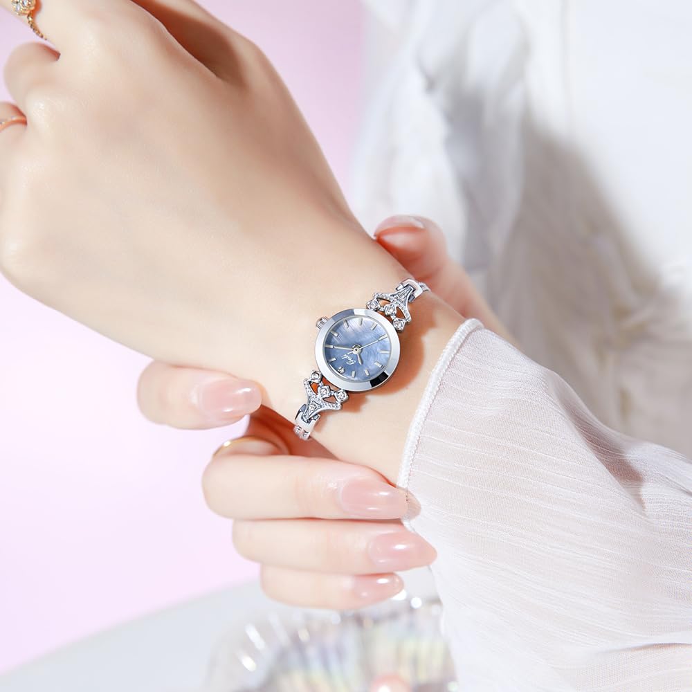 CARLIEN Womens Small Elegant Simple Luxury Rhinestone Pearl Dial Quartz Watch Lightweight Alloy Steel Mesh Strap Fashion