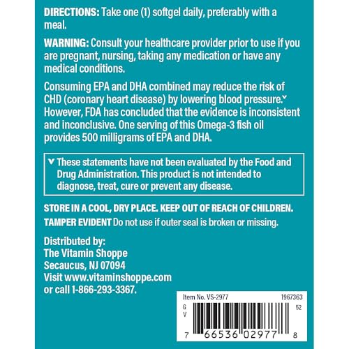 The Vitamin Shoppe Brand Omega 3 Fish Oil 1000 MG, Unflavored, - Product Imagery