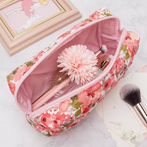 PAZIMIIK Small Quilted Makeup Bag,Zipper Cosmetic Pouch,Floral - Product Imagery