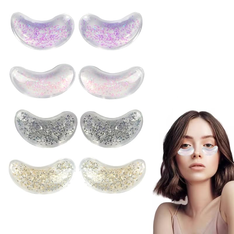 Set of 8 reusable gel eye pads for hot or cold therapy, soothing puffy eyes, dark circles, and eye bags, with cooling sleep mask feature.