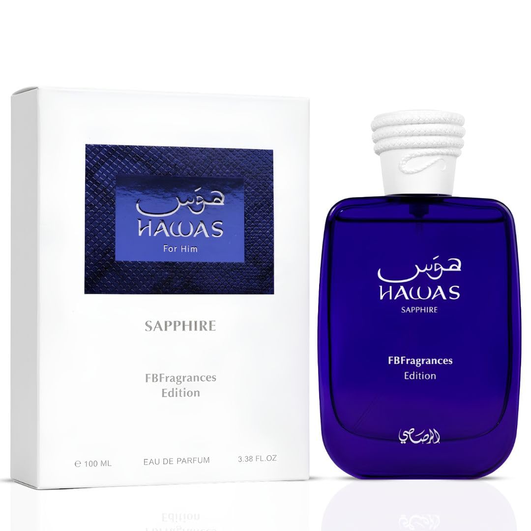RASASI Hawas Sapphire EDP spray 100ml bottle, showcasing the elegant packaging of this personal fragrance.