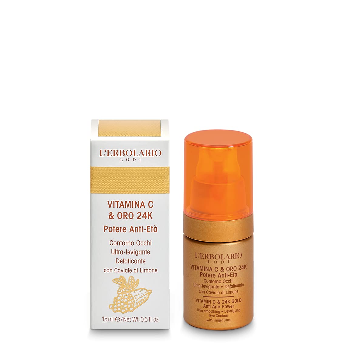 L'Erbolario Vitamin C & 24K Gold Eye Contour Cream tube showcasing the luxurious skincare product for brightening and firming the eye area.