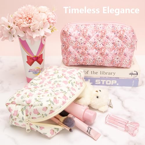 PAZIMIIK Small Quilted Makeup Bag,Zipper Cosmetic Pouch,Floral - Product Imagery