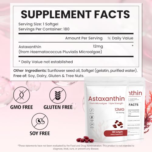 Astaxanthin 12mg Supplement, 180 Softgels, 6 Month Supply - Product Imagery