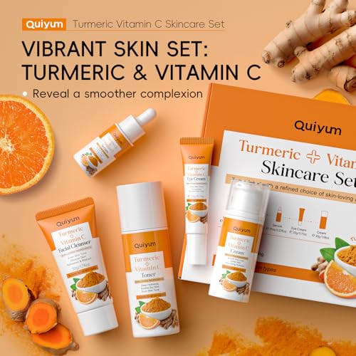 QUIYUM Turmeric Vitamin C Skin Care Set, 5PCS Beauty Routine for - Product Imagery