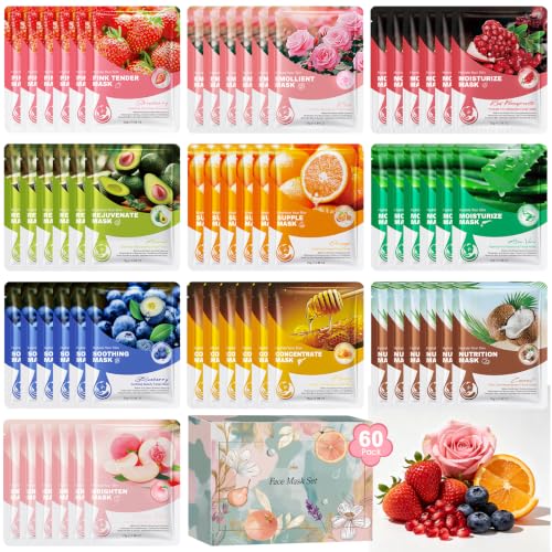 ZKONLY Face Mask, 60 Pack Face Masks Skincare Set, Bulk Gifts for Women, Hydrating Facial Sheet Masks, Spa Supplies Part