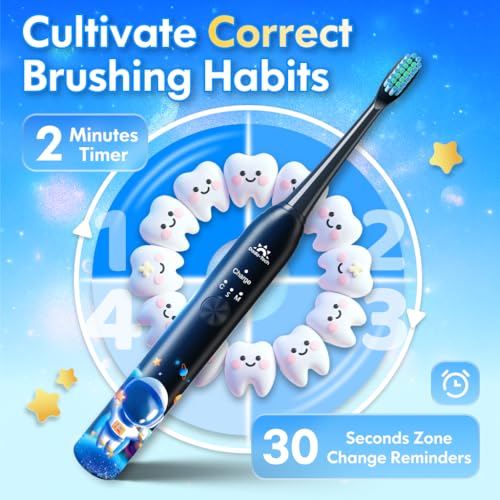 Kids Electric Toothbrush Rechargeable Age 3-5-6-12-18 Year Old, - Product Imagery