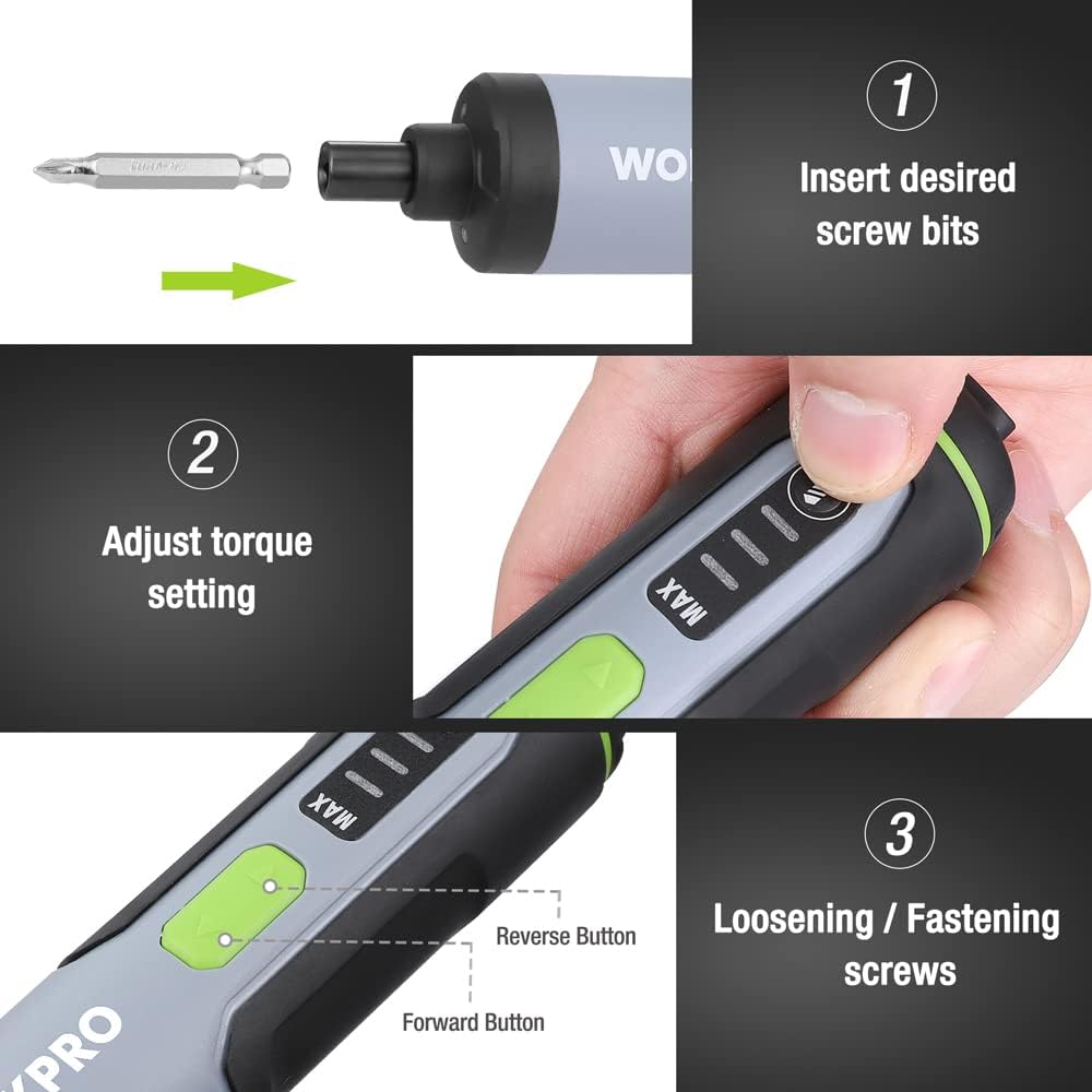 WORKPRO 4V Electric Screwdriver, Rechargeable Cordless Screwdriver Set with 35 Bits, Extension Rod, USB Charging Cable i