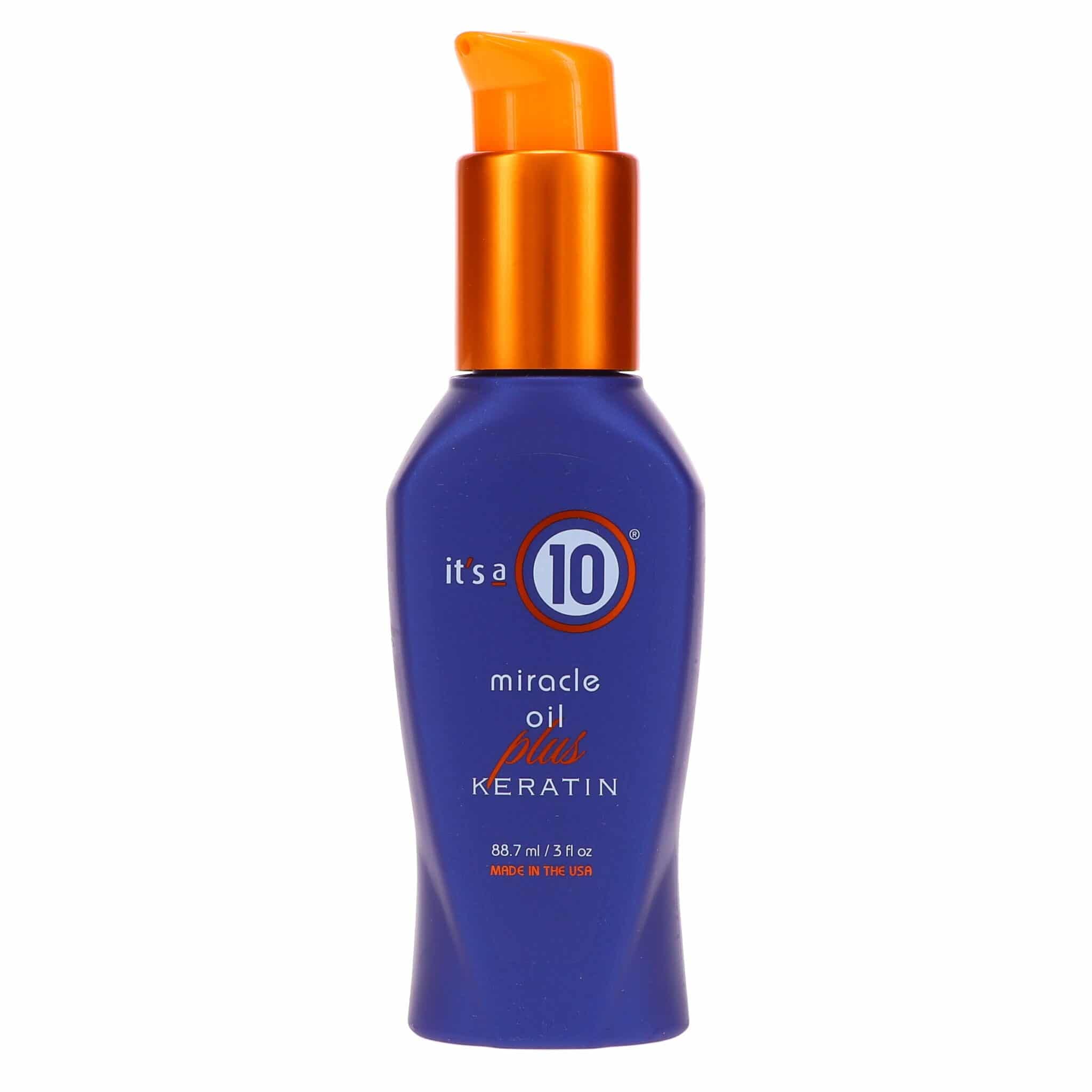 It's A 10 Miracle Oil Plus Keratin hair styling agent, 3 oz bottle with pump for smoothing and shine.