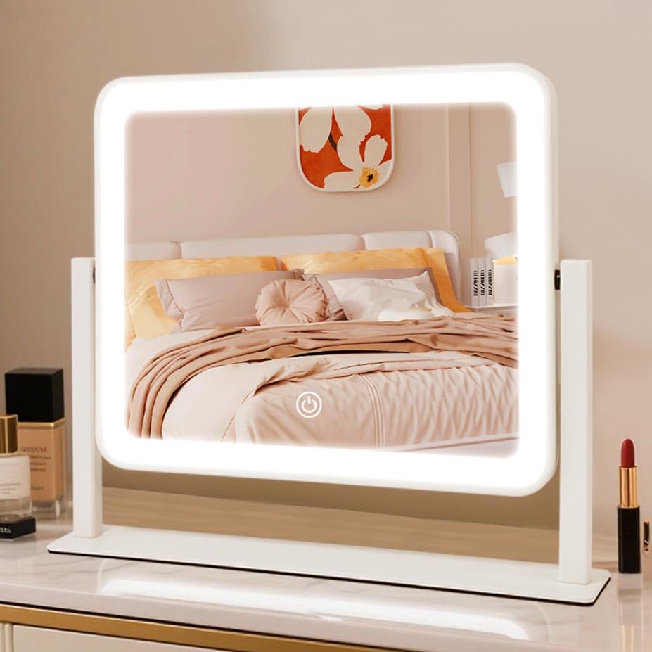YEKKOPT Rechargeable Vanity Mirror with Lights, 12"×14" LED Makeup Mirror, Smart Touch Control, 3 Color Lighting