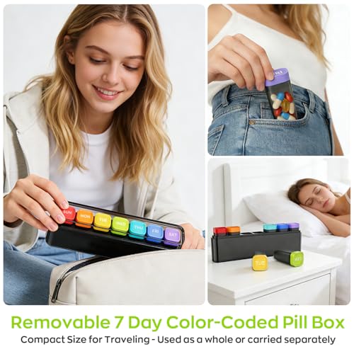 HIONXMGA Weekly Pill Organizer, Detachable 7-Color Pill Box, - Product Imagery