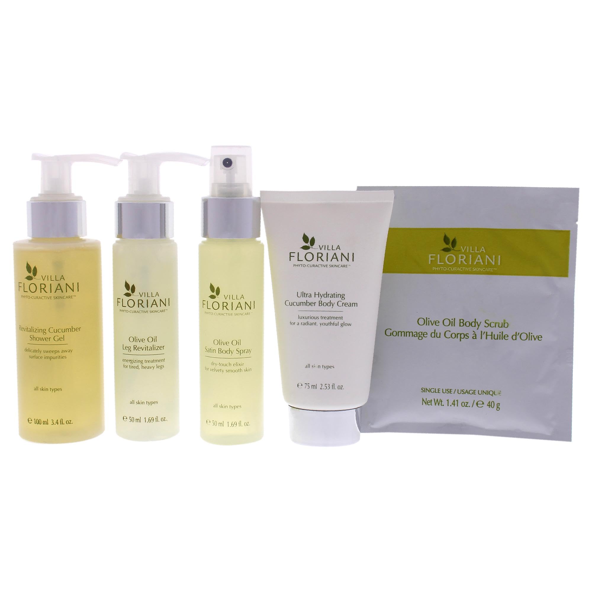 Villa Floriani Ultra-Hydrating Body Travel Kit with five personal body care products for travel and everyday hydration.