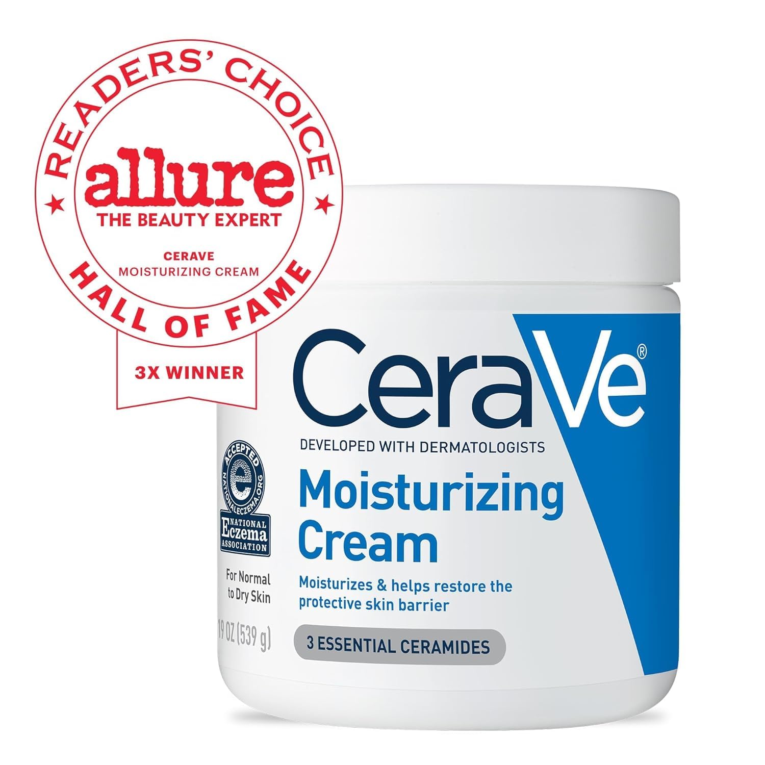 CeraVe Moisturizing Cream 19oz for body and face dry skin, featuring a white jar with blue lid and product label.