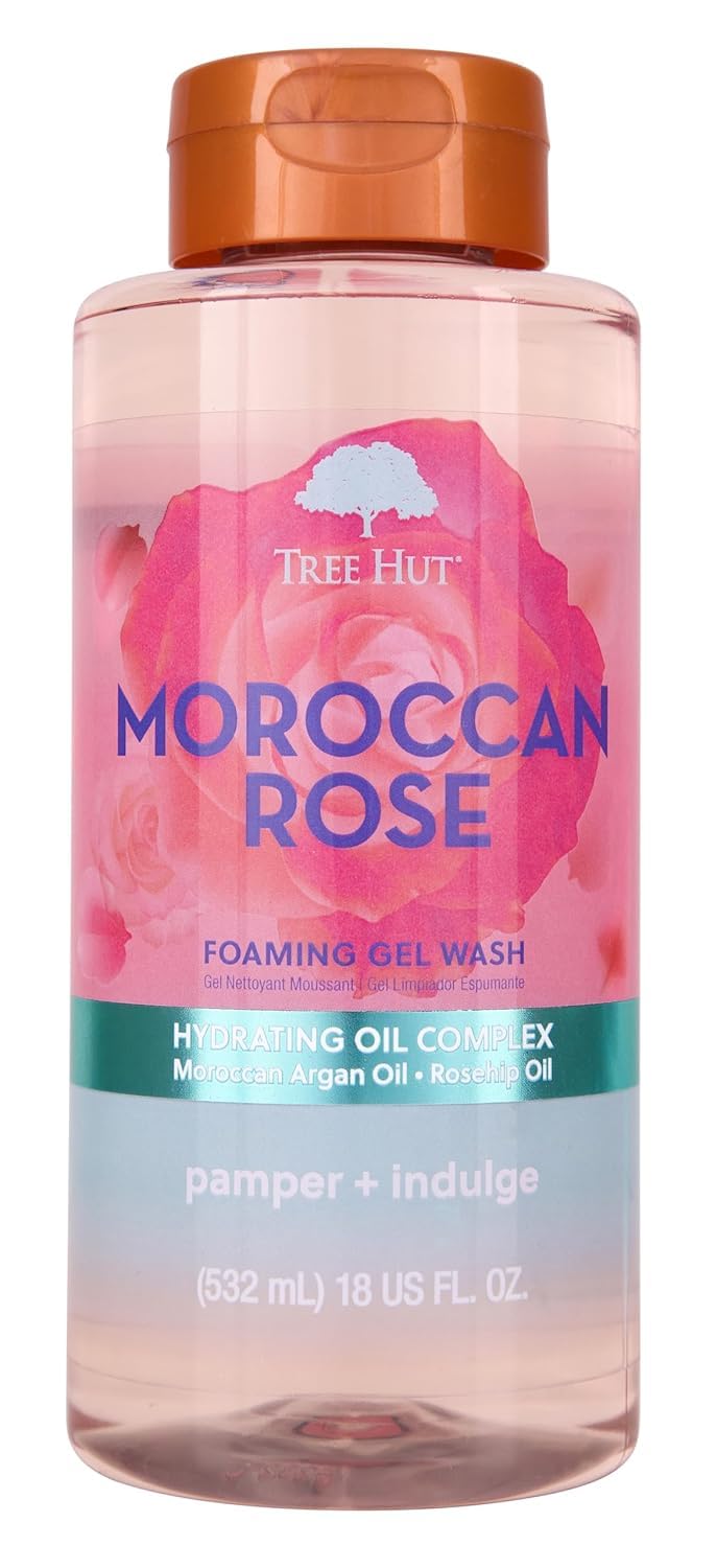 Tree Hut Moroccan Rose foaming gel body wash in 18 oz bottle, featuring floral rose scent and gentle skin cleansing formula.