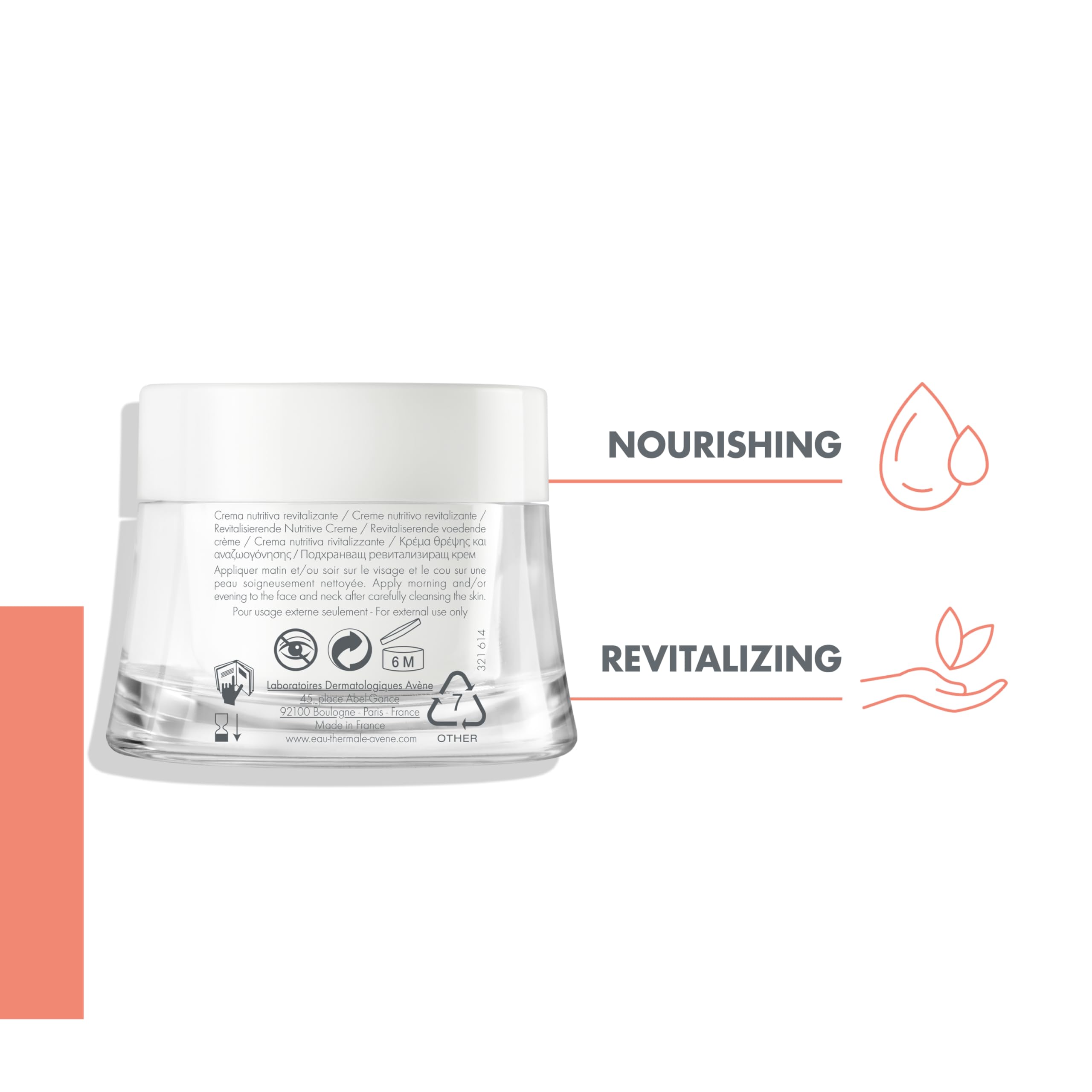 Eau Thermale Avène Revitalizing Nourishing Cream for dry skin in 1.6 oz jar, with a smooth, hydrating texture and gentle skincare formula.