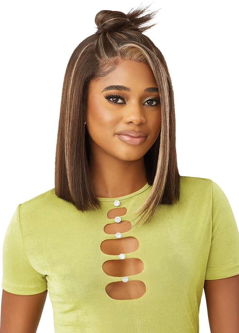 Outre 6X5 Pre-Cut Lace Closure Wig - Human Hair Blend - Yaki Straight Bob 14" (BLACK BERRY) – full view