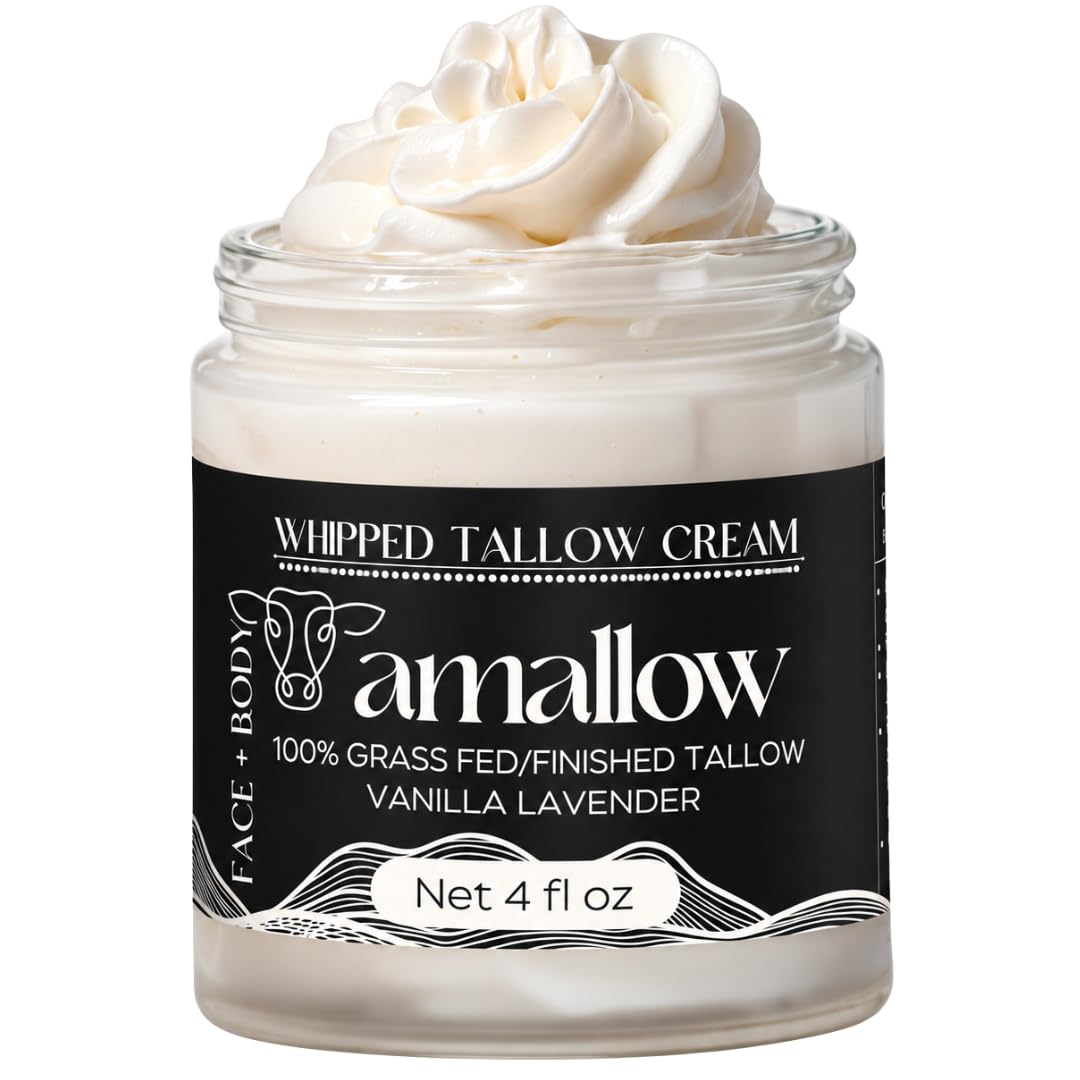 Amallow 100% Grass Fed Beef Tallow for Skin Care - Face + Body - Whipped Moisturizer - Natural Lotion, 4 FL. oz. (Vanill