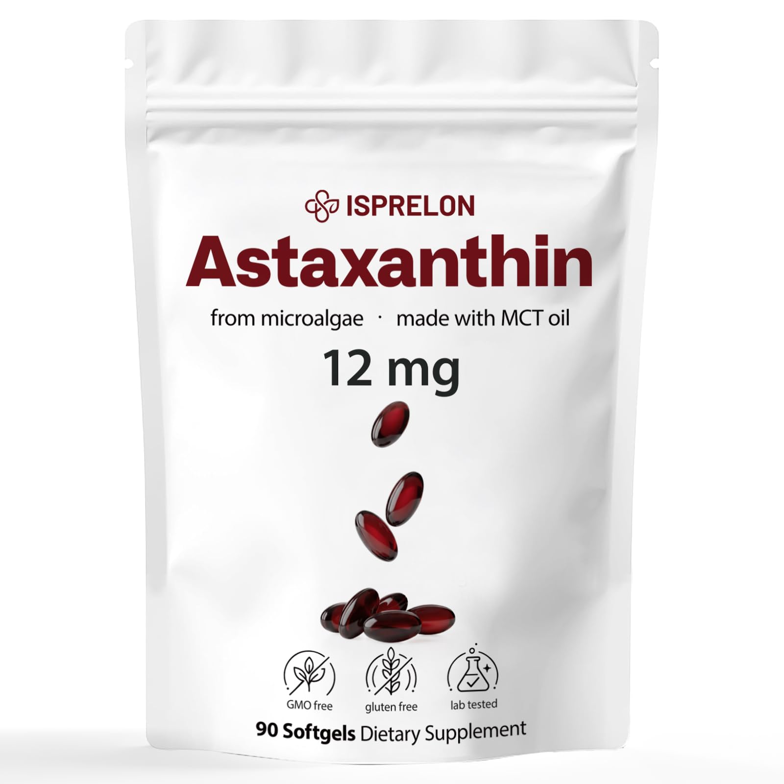 Astaxanthin 12mg with MCT Oil - Travel Size 90 Softgels, 3 Month - Product Imagery