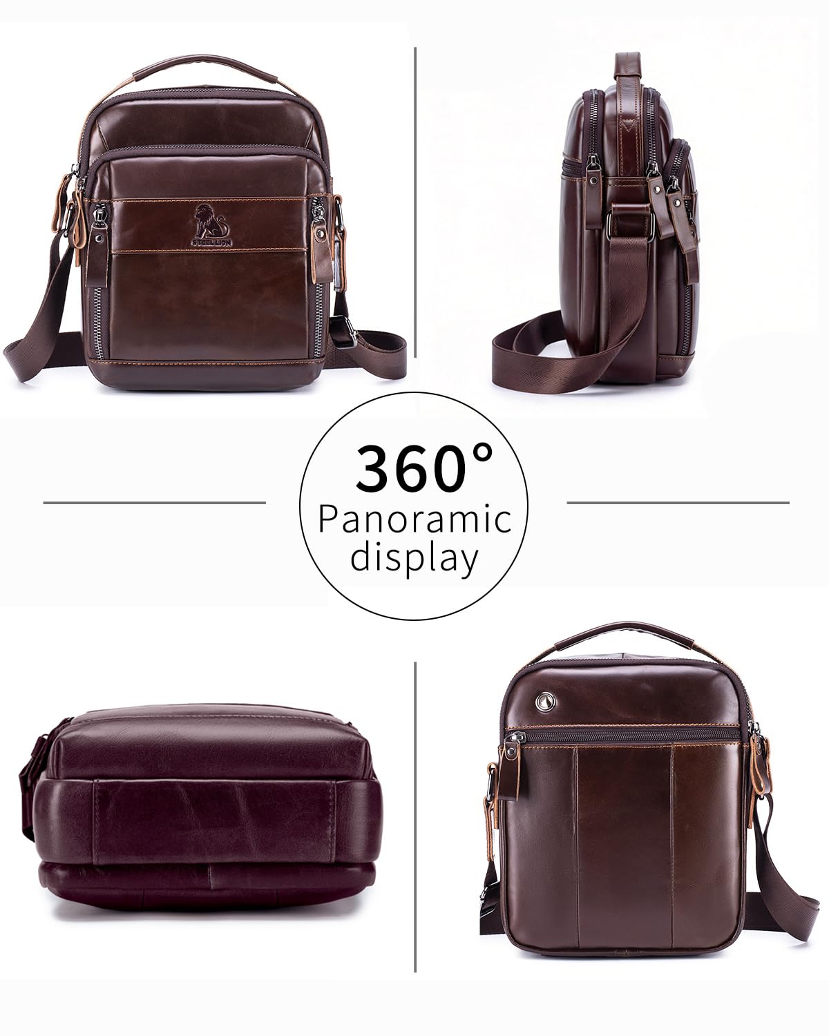 STEELLION Men's Cowhide Leather Crossbody Shoulder Bag, Top Handle – back view and specifications