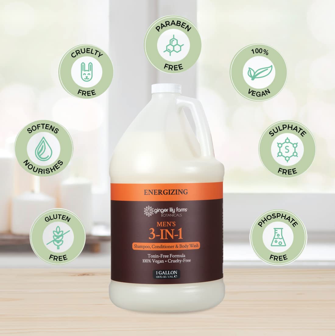 Ginger Lily Farms 1 gal Men's 3-In-1 Shampoo, Energizing Scent