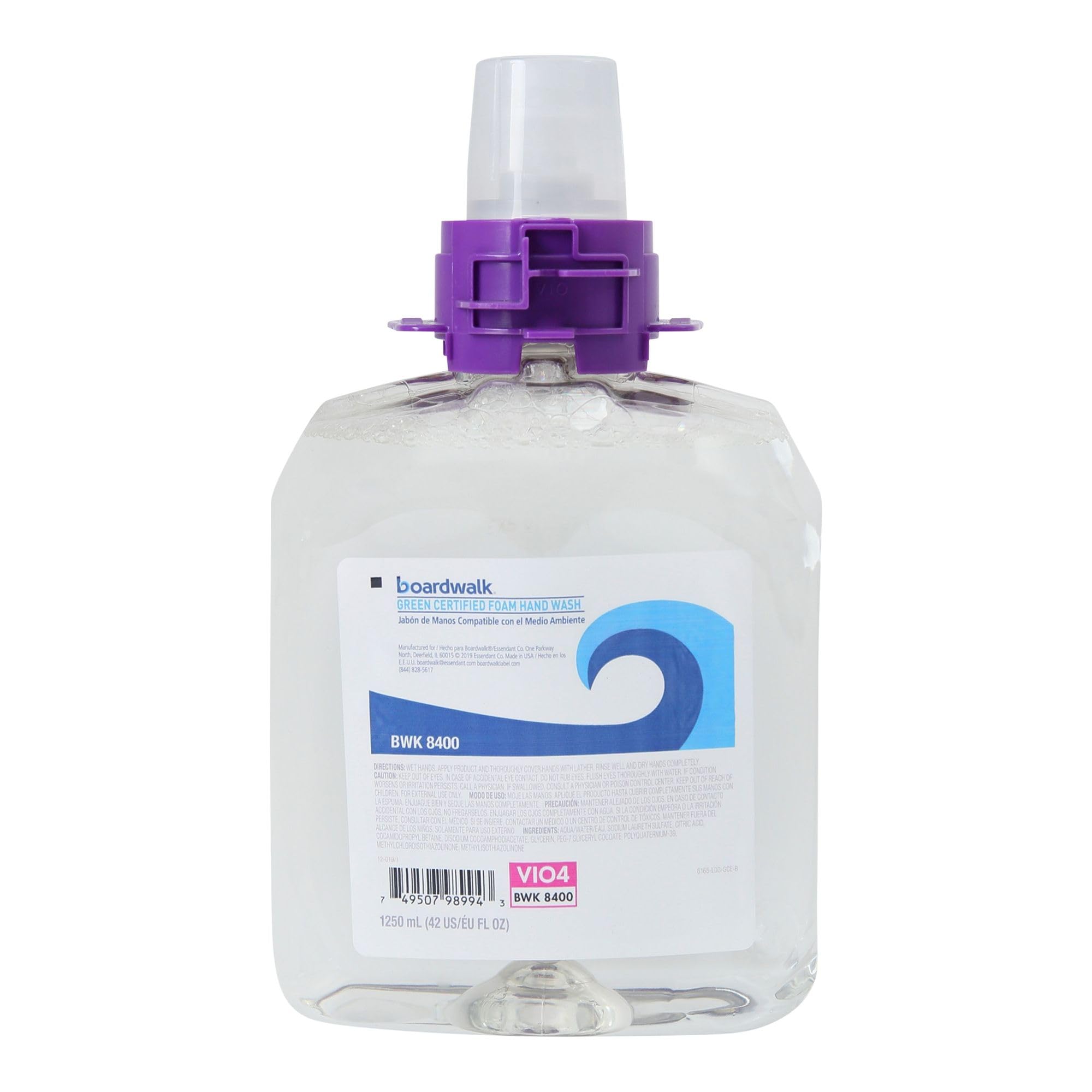 Boardwalk Green Certified foam soap refill for skin cleaning, fragrance-free, 1250mL, shown in a case of four bottles.