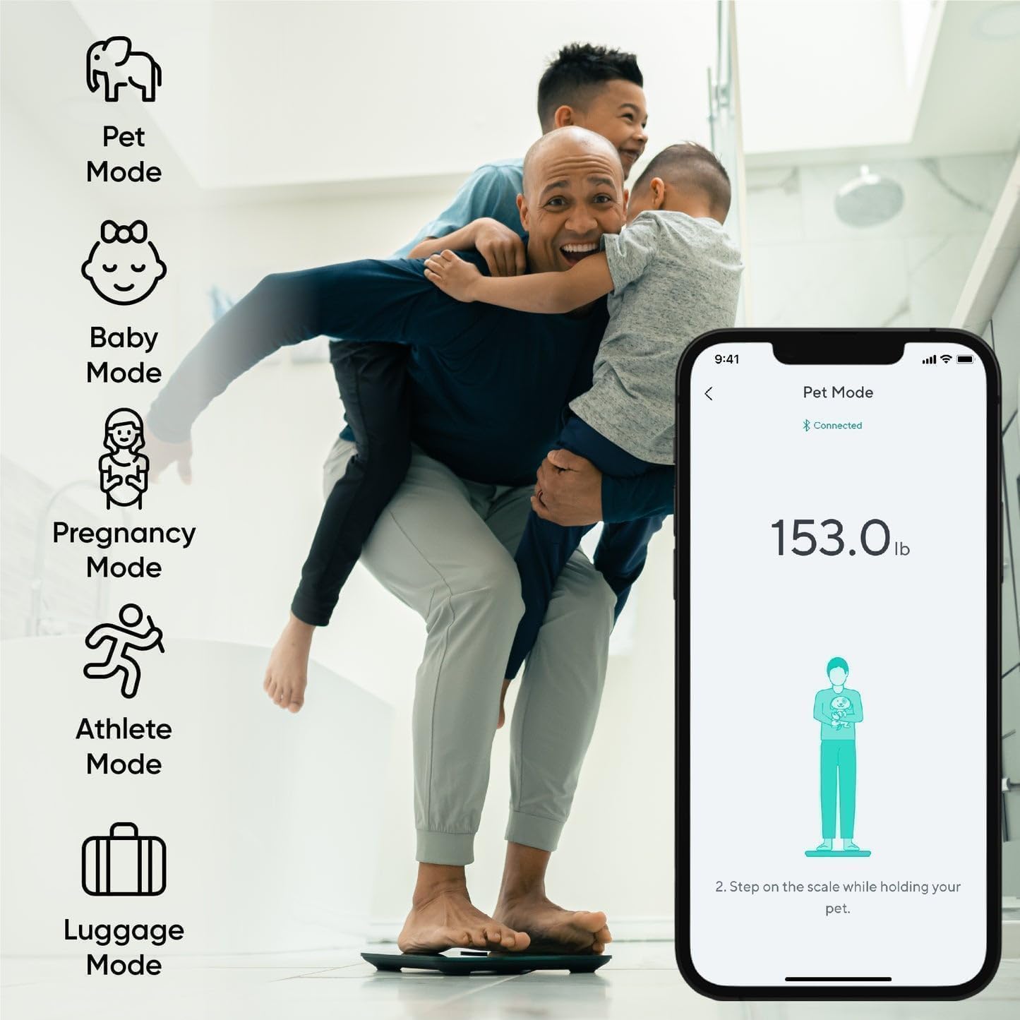 Wyze Smart Scale X digital bathroom scale in black displaying body weight and fat measurements on a digital screen.