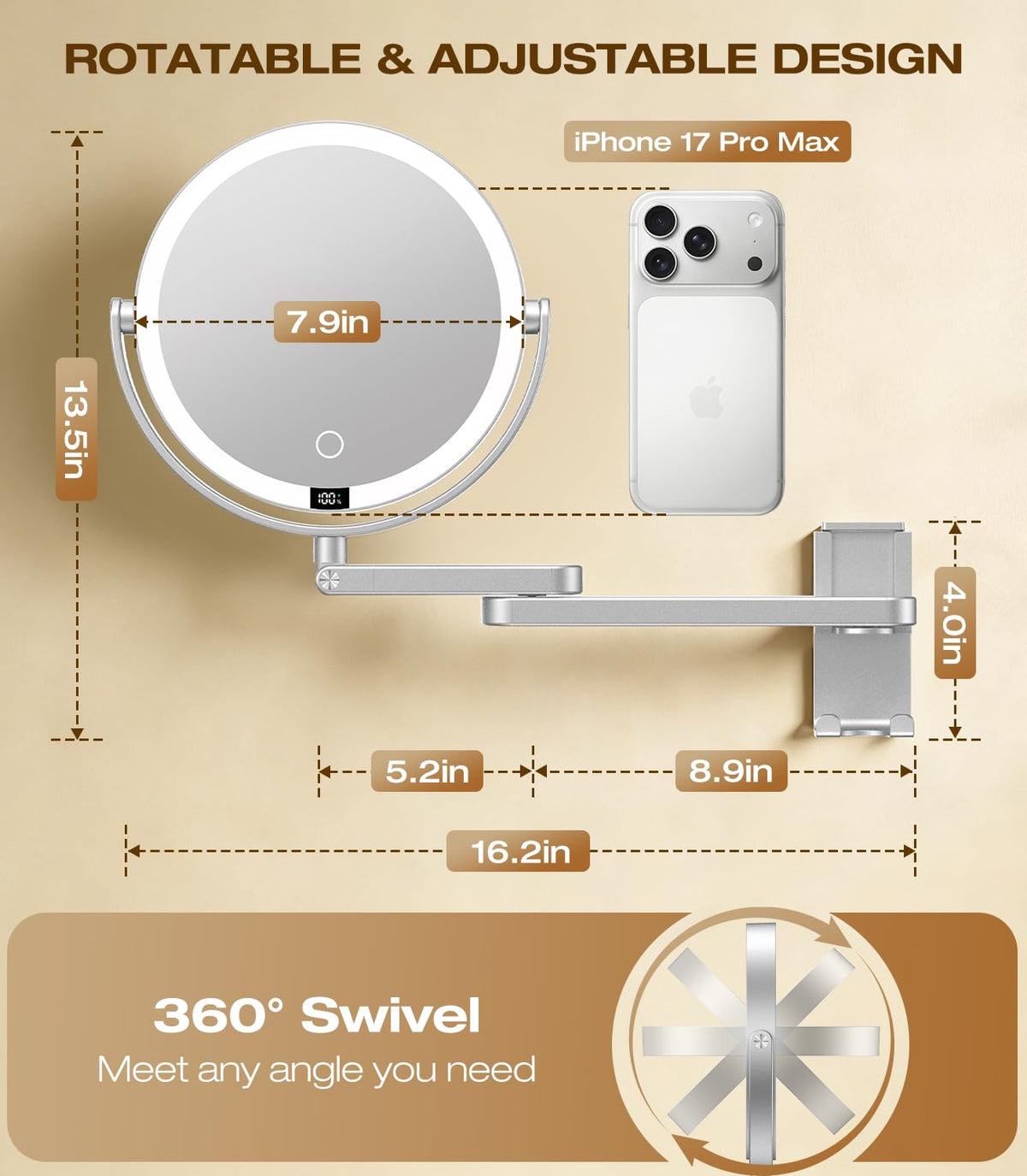 Gospire 8”Wall Mounted Lighted Makeup Mirror with Digital Display, 4000mAh – Silver, Acrylonitrile Butadiene Styrene (AB