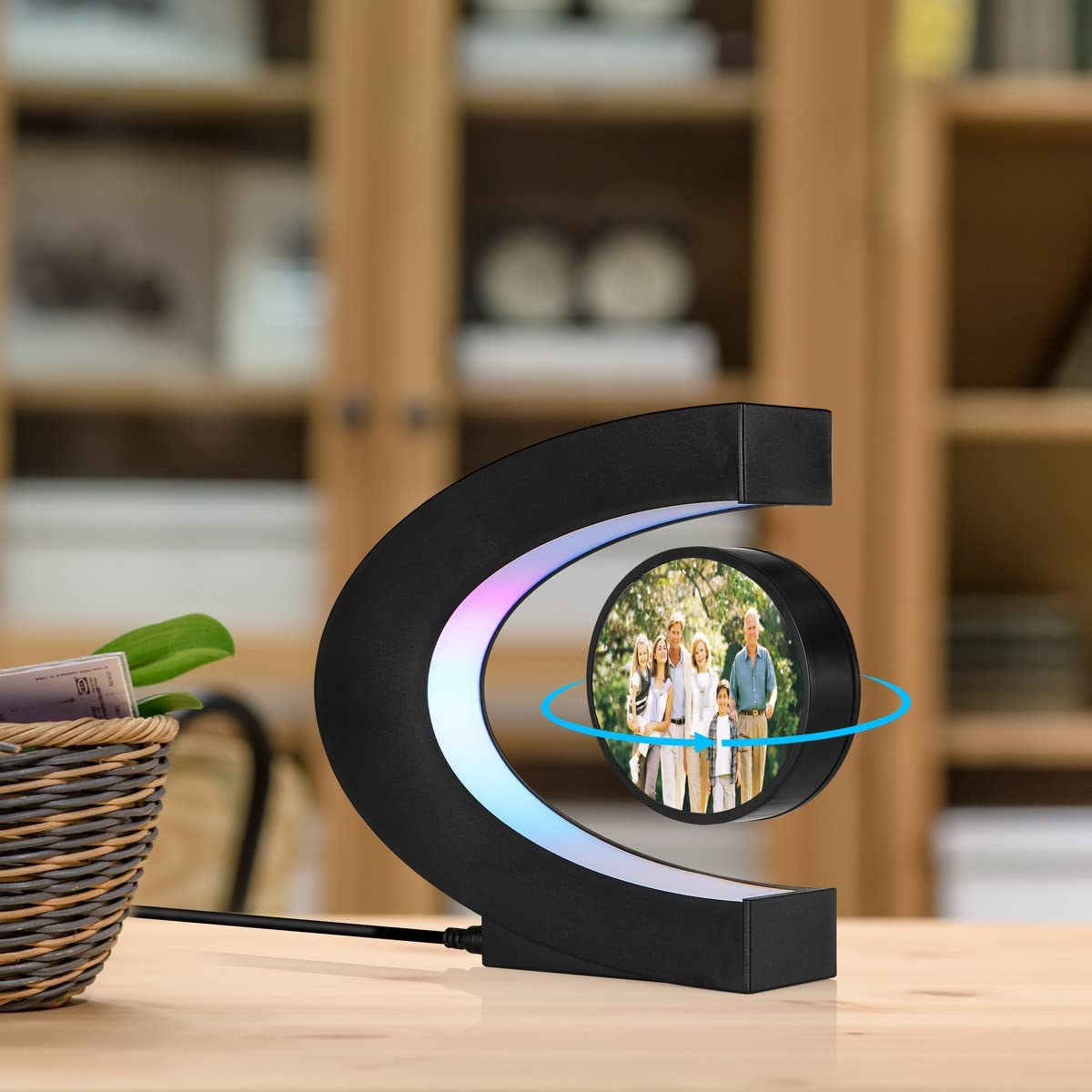 UVEHAS Levitating Photo Frame with LED Colorful Lights Magnetic Levitation Floating Rotating Picture Frame Display Stand