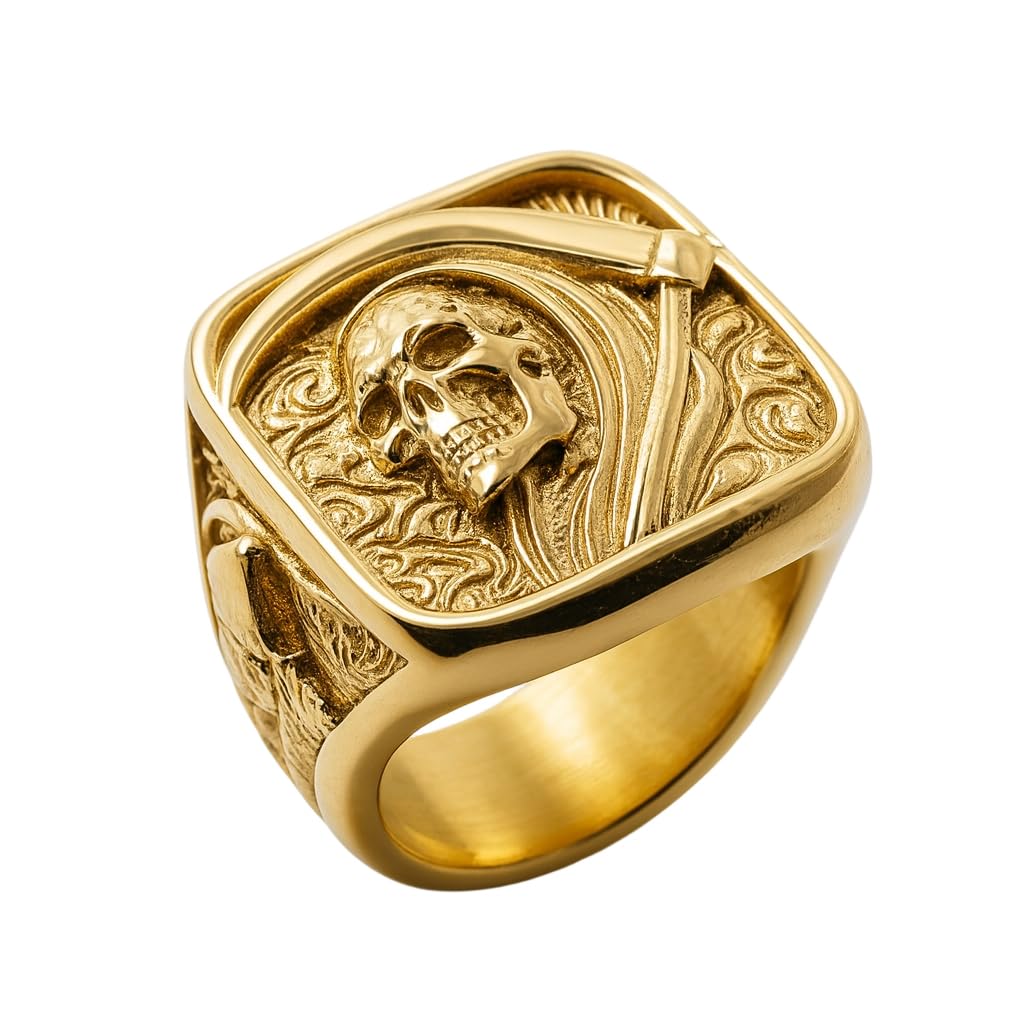ZMY Home Grim Reaper Ring for Men – Gold Skull with Scythe Signet Statement Ring, Death Biker Punk Stainless Steel Jewel