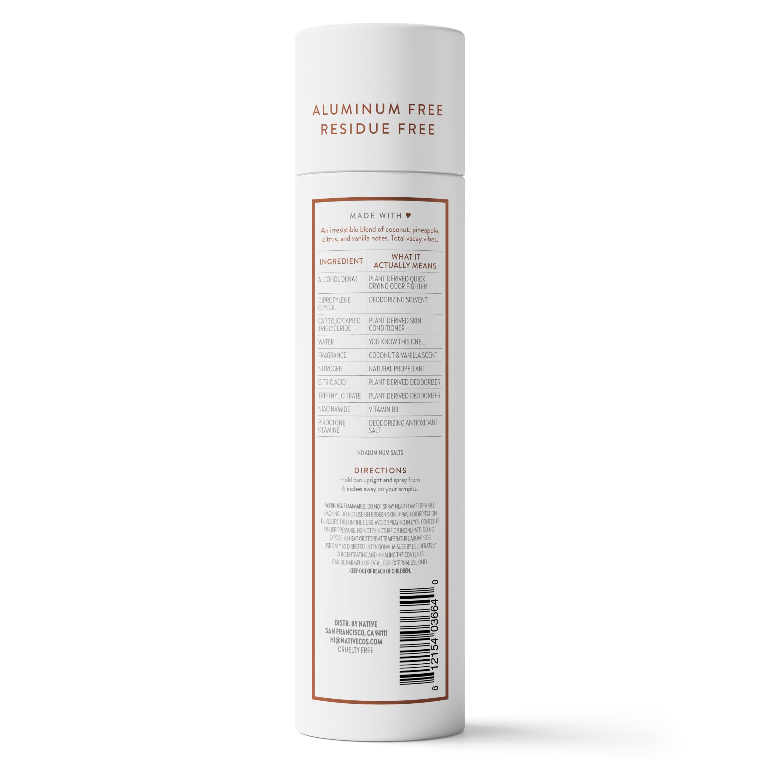 Native aluminum-free body deodorant spray in coconut vanilla scent, 3.5oz bottle, natural and aluminum-free formulation.