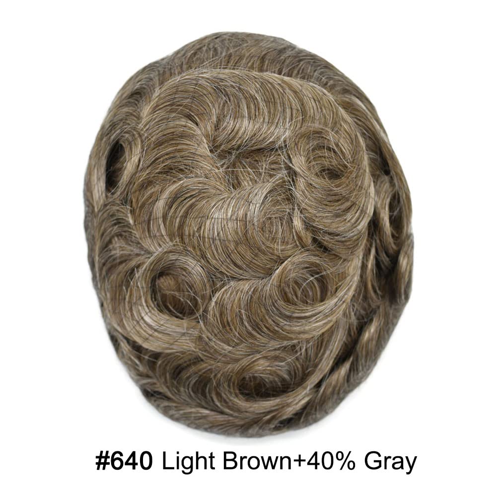 Curve Hair men's toupee, light brown with 40% gray, 7x9 inch human hair wig with monofilament base and durable poly coating.